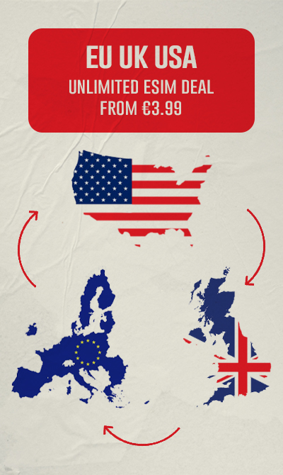 Unlimited eSIM deal for EU, UK, and USA starting from €3.99 with scenic European canal and colorful buildings in the background-GigaXeSIM